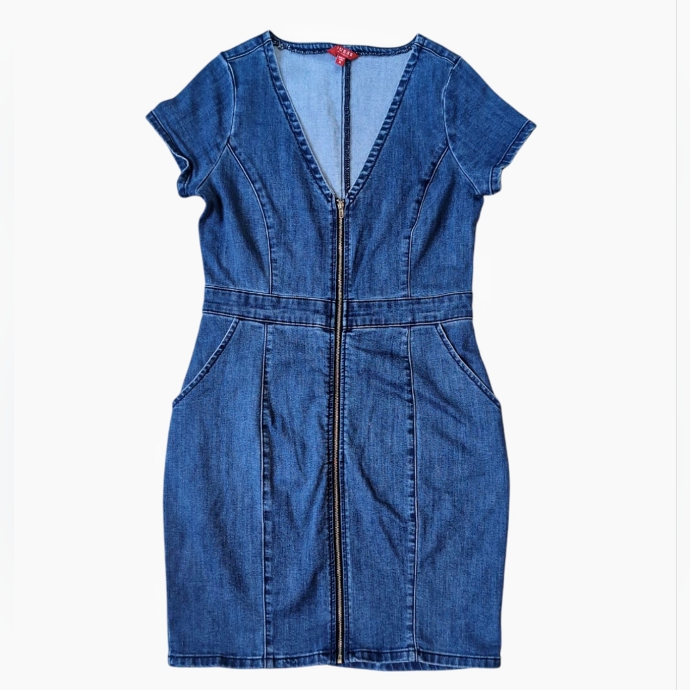Guess Galilea Denim Mini Dress Y2K Bodycon Front Zip Stretch Womens Size MEDIUM
